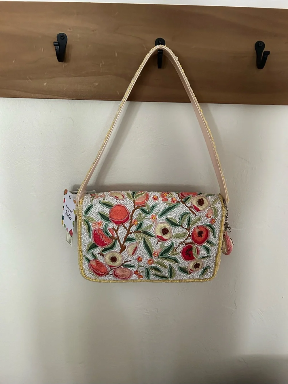 Marshalls Beaded Floral Shoulder Bag - Cream, Pink & Green PEACHES!